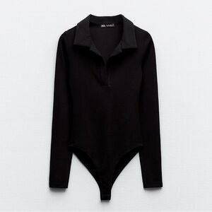 Zara Black Polo Collared Long Sleeve Bodysuit
